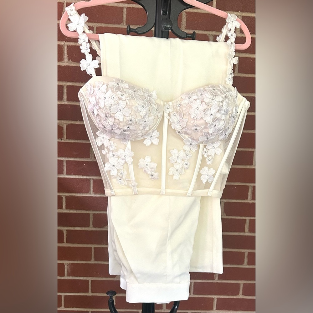 Georgina Chavez Floral Embroidered 2-Piece Pants Corset Set Bridal Fairycore